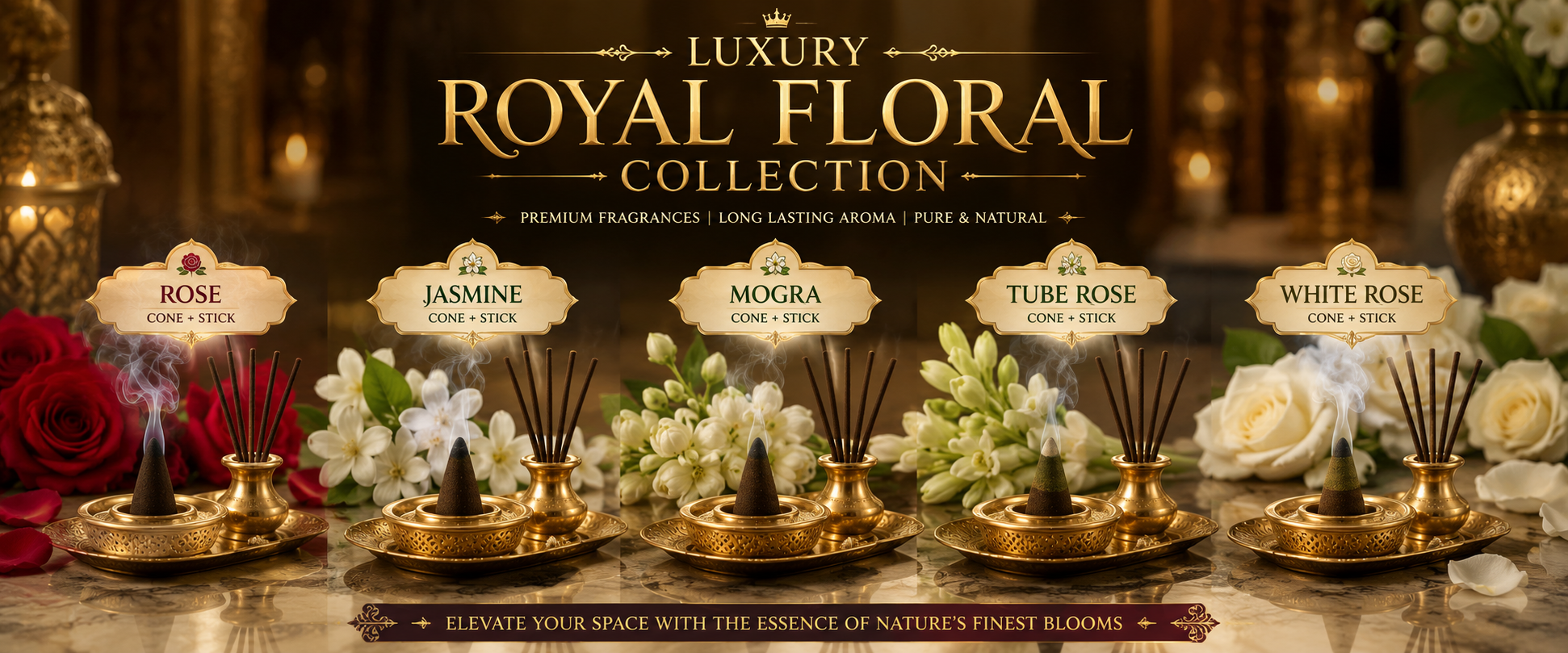 Luxury Royal Floral Collection featuring Rose, Jasmine, Mogra, Tube Rose and White Rose incense cones and agarbatti sticks with elegant floral arrangements in a premium royal setting.