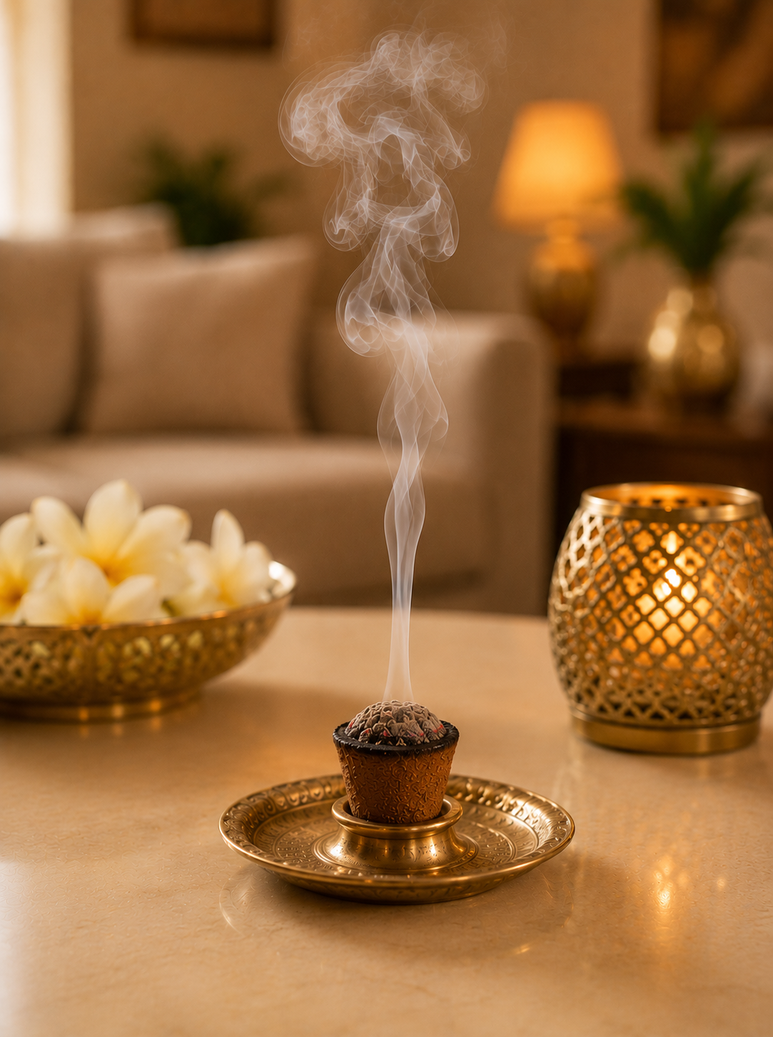 Burning 3 CM natural sambarani cup releasing aromatic smoke on a brass plate placed on a living room center table